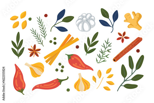 Spice and Herb Assortment: A vibrant and aromatic collection of fresh herbs and spices artfully arranged, offering a visually appealing array of culinary ingredients. 