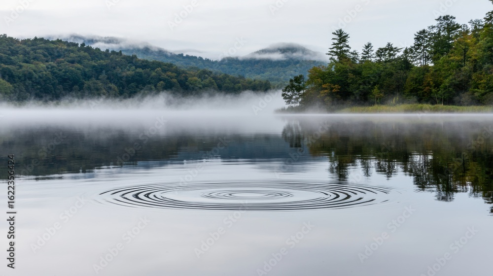 Fototapeta premium A serene lake scene with a forested shoreline and a misty mountain backdrop.