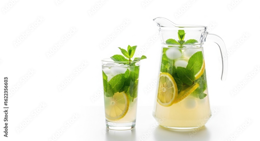 Refreshing pitcher and glass filled with lemonade mint and ice on a clean white background Refreshing pitcher and glass filled with lemonade mint and ice on a clean white background