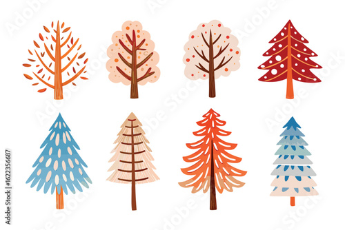 Variety of Trees Illustrations: A collection of stylized tree illustrations showcasing the diversity of nature's beauty, with unique shapes and vibrant colors