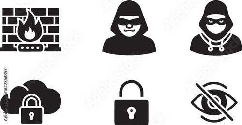 Firewall, Hacker, Cloud Lock, Privacy Shield & Data Protection Symbols