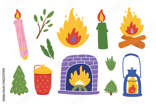 Cozy Warmth Collection: Illustrative assemblage of candles, lanterns, fireplace and bonfires.