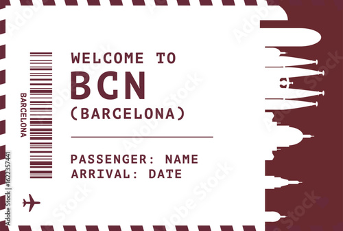Welcome to Barcelona, Spain card template. Vector boarding pass style postcard illustration with airport code, city skyline, flight info. Luggage tag image layout