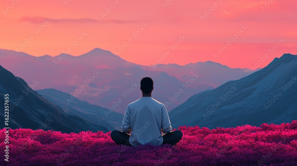 Obraz premium Meditation in nature's embrace mountains at dusk serenity and peace scenic view inner calm