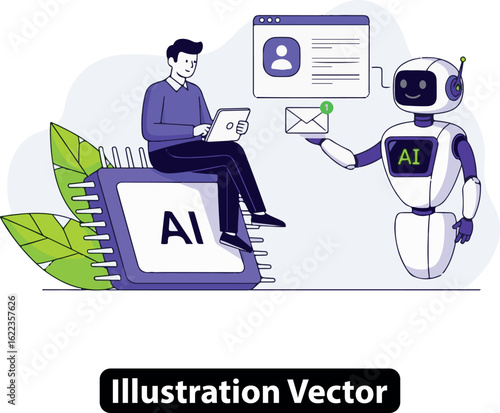 Futuristic AI concept with a man on a microchip and a robot assistant delivering email.