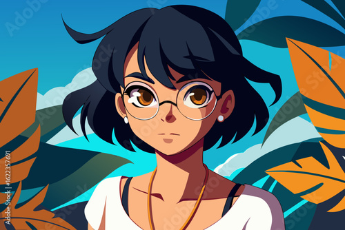 Stylish Young Woman with Glasses in Tropical Background – Colorful Vector Illustration