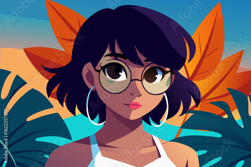 Stylish Young Woman with Glasses in Tropical Background – Colorful Vector Illustration