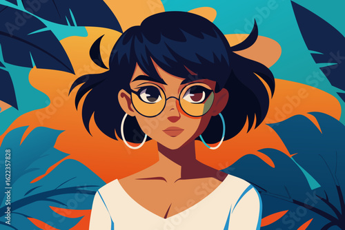 Stylish Young Woman with Glasses in Tropical Background – Colorful Vector Illustration