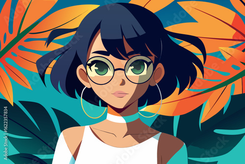 Stylish Young Woman with Glasses in Tropical Background – Colorful Vector Illustration