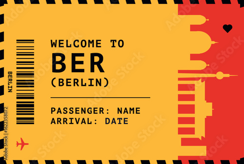 Welcome to Berlin, Germany card template. Vector boarding pass style postcard illustration with airport code, city skyline, flight info. Luggage tag image layout in national colors