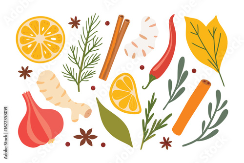 Spice Garden: A vibrant composition of culinary ingredients, showcasing fresh herbs, fragrant spices, and zesty citrus in a visually appealing arrangement, inspiring the senses.
