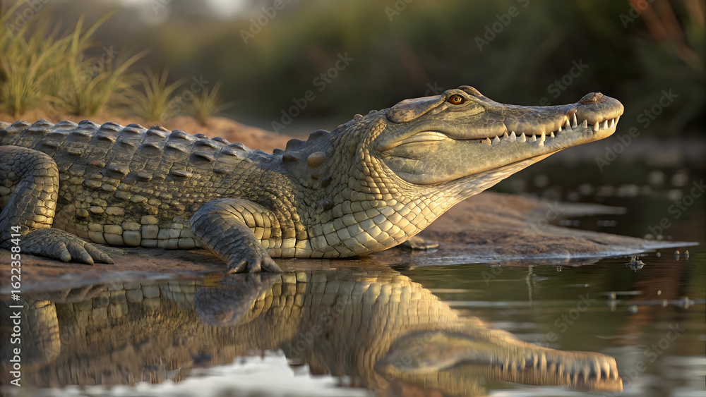 Obraz premium Hyper Detailed Digital Rendering of a Crocodile Basking on a Riverbank at Sunset Its Scaly Skin Gleaming in the Warm Light Reflected in the Calm Water Showing its Powerful Jaws