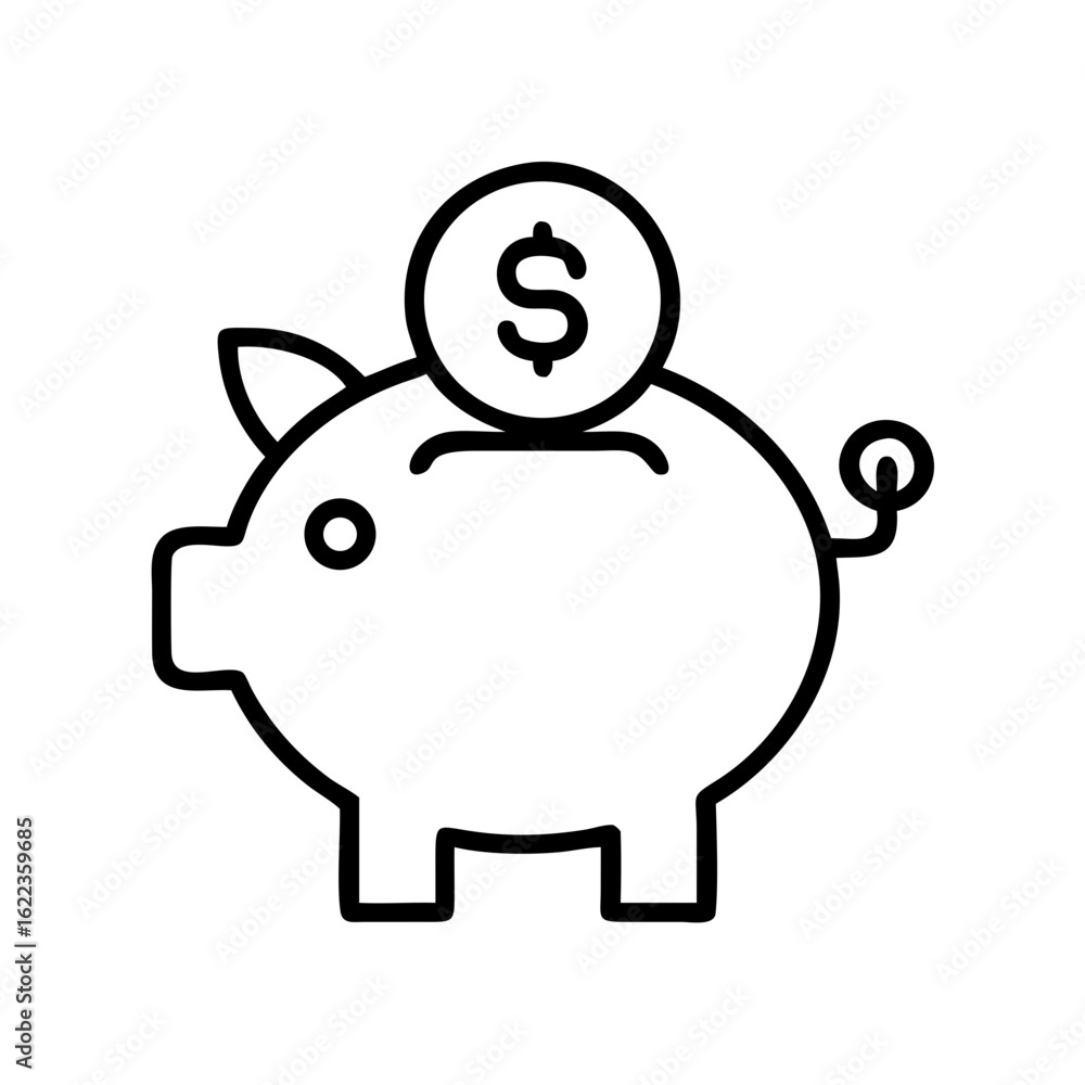 Piggy bank with dollar coin in simple line art style representing savings Piggy bank with dollar coin in simple line art style representing savings