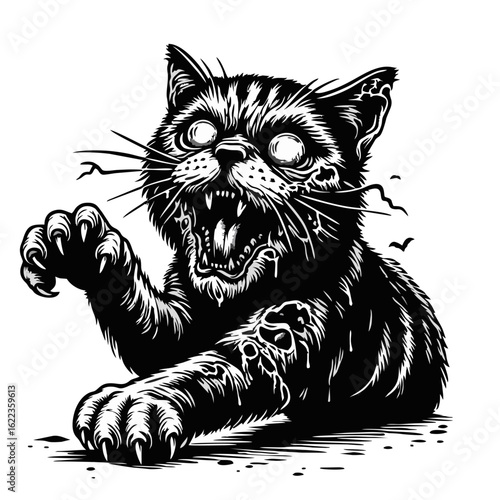 A detailed black and white illustration of a zombie cat with glowing eyes, bared teeth, and outstretched claws, rendered in a graphic novel style.