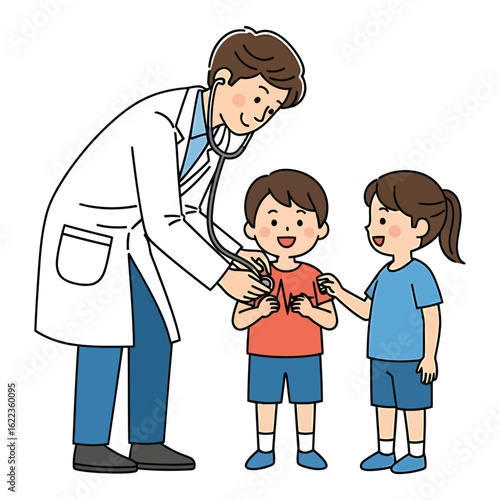 Friendly pediatrician examining a young boy with a stethoscope in a clinic