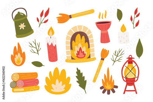 Cozy Elements: A collection of whimsical illustrations evokes warmth and comfort, featuring a vibrant fireplace, flickering flames, and charming lanterns.