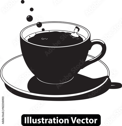 A surreal black and white vector illustration of a person relaxing in a warm coffee cup.