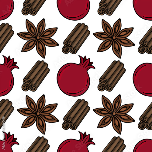 Seamless vector pattern with hand-drawn illustrations of pomegranates, cinnamon sticks, and star anise, creating a festive and aromatic design perfect for Rosh Hashanah or winter holiday themes.