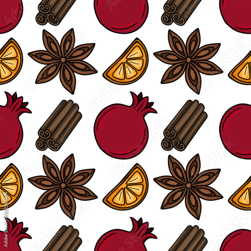 Seamless vector pattern of hand-drawn pomegranates, cinnamon sticks, star anise, and orange slices, creating a festive and warm autumnal design ideal for seasonal projects.