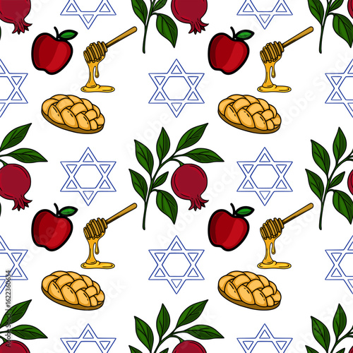 Seamless vector pattern with hand-drawn Rosh Hashanah symbols: red apples, honey dipper, pomegranate, challah bread, and Star of David, creating a festive and joyful design perfect for holiday cele...