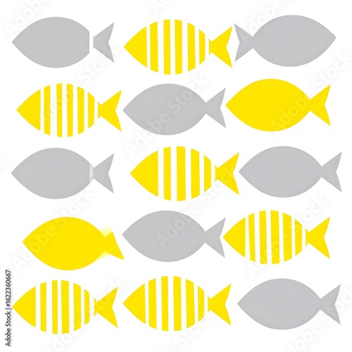 A grid of stylized fish, yellow and grey, with stripes