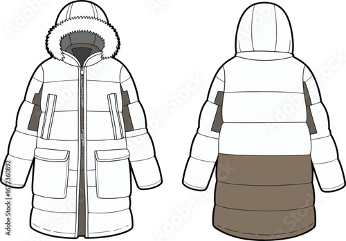 Color block winter coat flat sketch, front and back view, fur hood, oversized parka style, cad drawing flat vector illustration