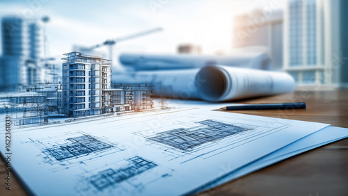 Creative architectural concept showing 2D drawings evolving into a 3D urban building