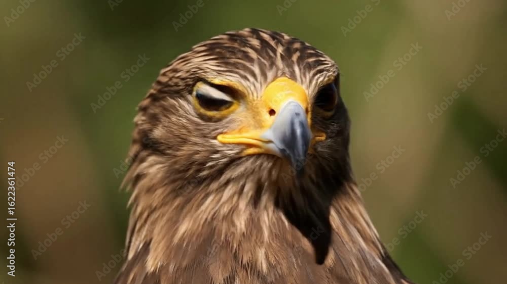 A brown eagle gazes forward its sharp eyes and yellow beak prominent against a blurred green background A brown eagle gazes forward its sharp eyes and yellow beak prominent against a blurred green background