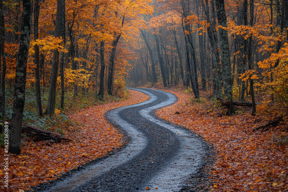 Obraz premium Winding road in woods with vibrant fall leaves.