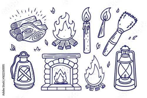 Campfire Essentials: A collection of illustrated elements embodies the warmth and coziness of a crackling campfire and illuminating candle, capturing the essence of outdoor adventures.