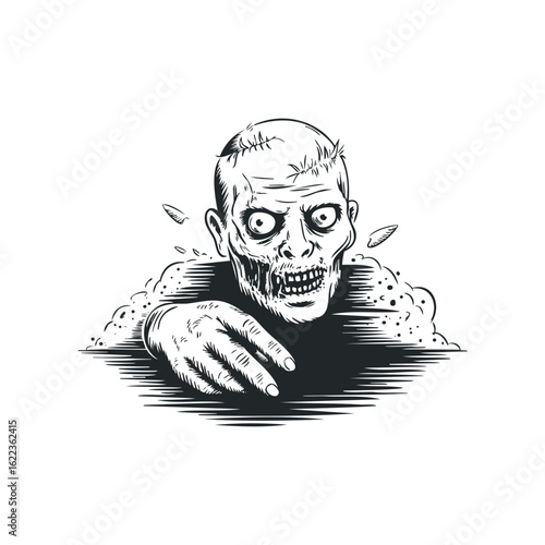 Scary zombie emerging from the ground at night