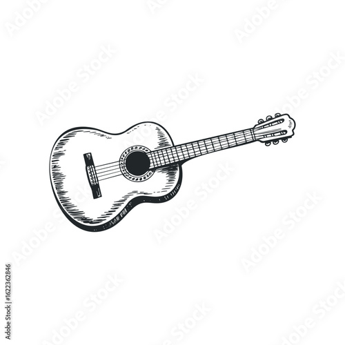 Acoustic guitar drawing on white background highlighting craftsmanship