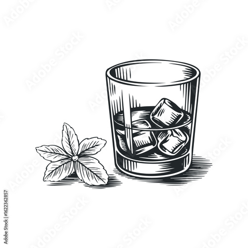 Vintage glass of whiskey with ice and mint leaves beside it