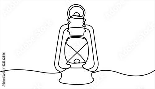 Abstract vintage kerosene lamp or lantern,continuous one line art hand drawing sketch, Kerosene lantern one line continuous. Single continuous line drawing vintage camping lantern on white background.