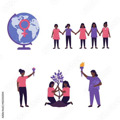 Vector art of diverse group of women and girls celebrating empowerment, unity, and global equality with symbols of nature and progress, isolated on white background