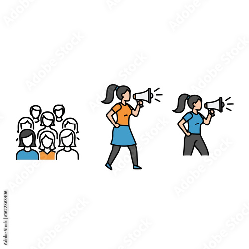 Vector art of women using megaphones to address a crowd, symbolizing activism and the fight for equality isolated on white background