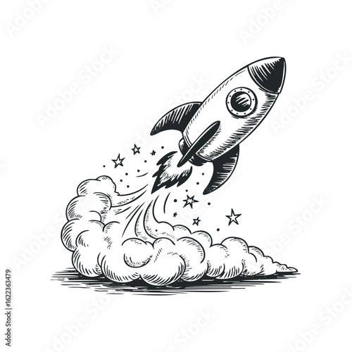 Rocket launching into space with clouds and stars around