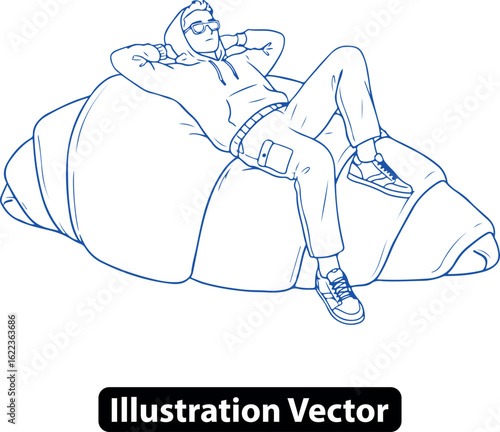 Surreal comfort food dream, a line drawing of a man relaxing on a giant croissant sofa
