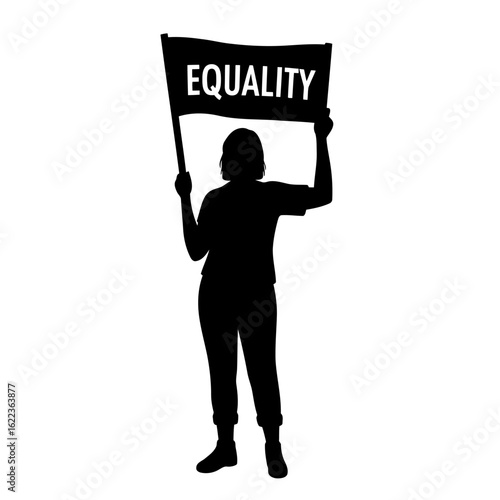 Vector art of silhouette of a woman holding an equality banner with both arms raised, isolated on white background