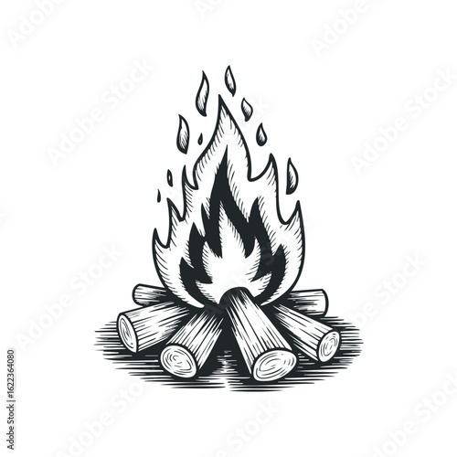 Campfire burns brightly under the night sky in a forest setting