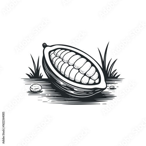 Cocoa pod open with seeds displayed on grass background