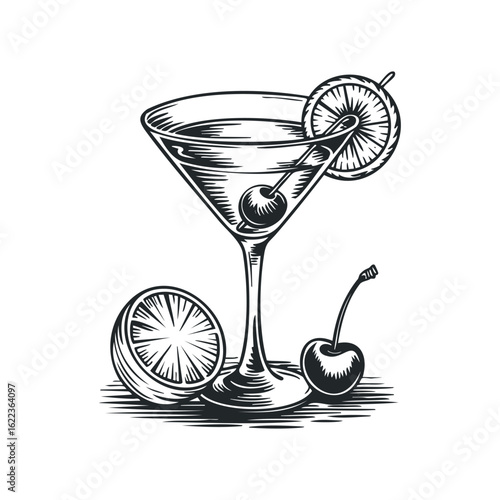 Classic cocktail with lemon and cherry garnishes on a table