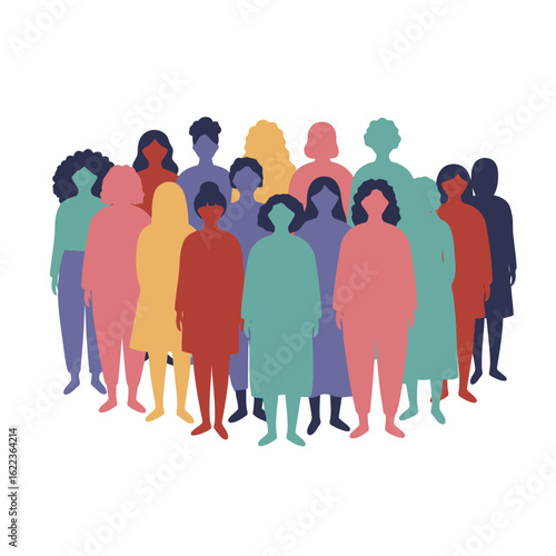 Vector art of a diverse group of colorful female silhouettes standing together, representing community, unity, and female empowerment