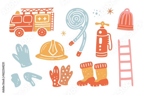 Firefighter's Gear: A charming vector illustration featuring various essential items, offering a glimpse into the world of a firefighter, including fire truck, safety helmet, and more.