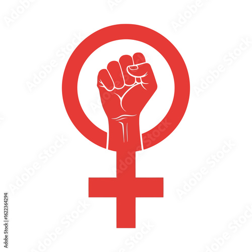 Vector art of red female symbol with a raised fist, representing womens power and feminist activism, isolated on white background