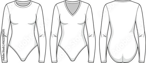 Long sleeve bodysuit vector template, front and back view, fashion cad sketch, v-neck and round neck style, cad drawing flat vector illustration