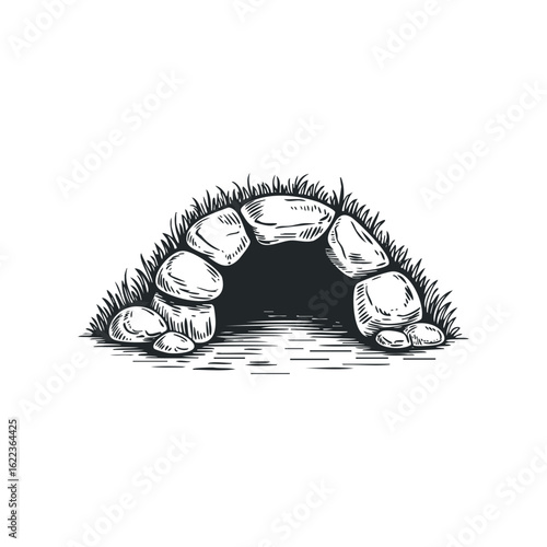 Rocky entrance to a cave with grassy surroundings in nature