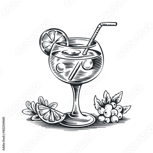 Refreshing cocktail in a glass with fruits and straw at midday
