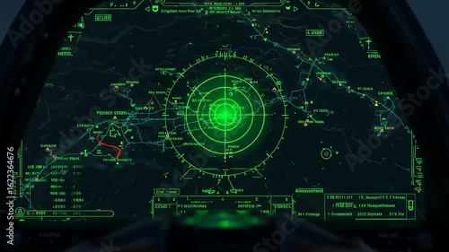Futuristic cockpit display showing radar and navigation data with green graphics and maps