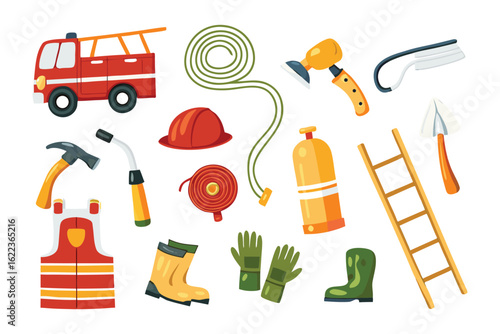 Emergency Response Toolkit: An illustrated assembly of vital tools, from a firetruck to the gear, embodies preparedness.
